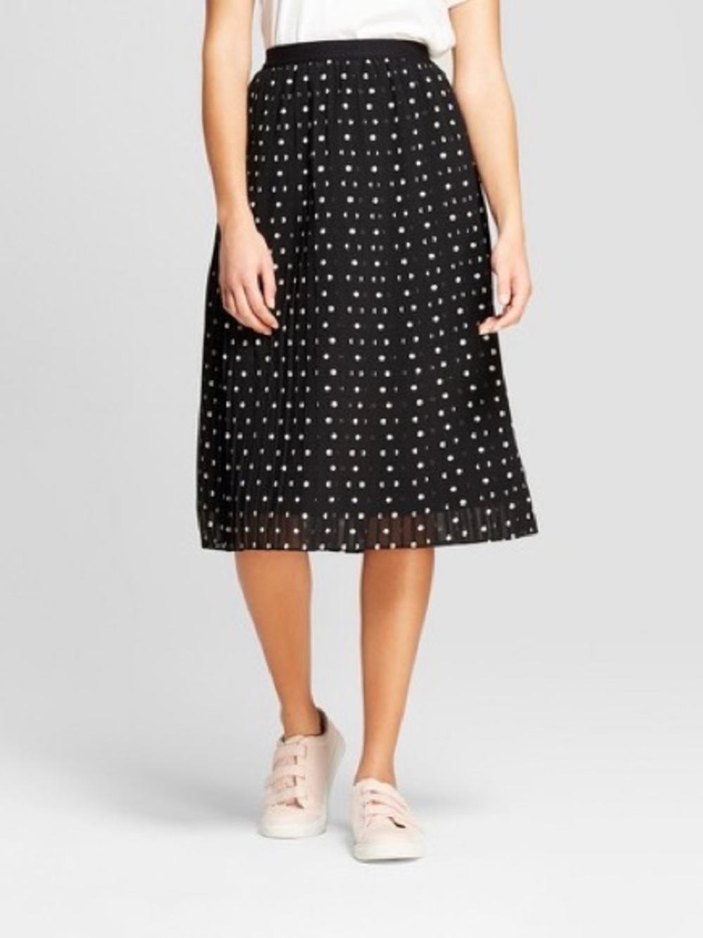 a new day Black Polka Dot Pleated Midi Skirt